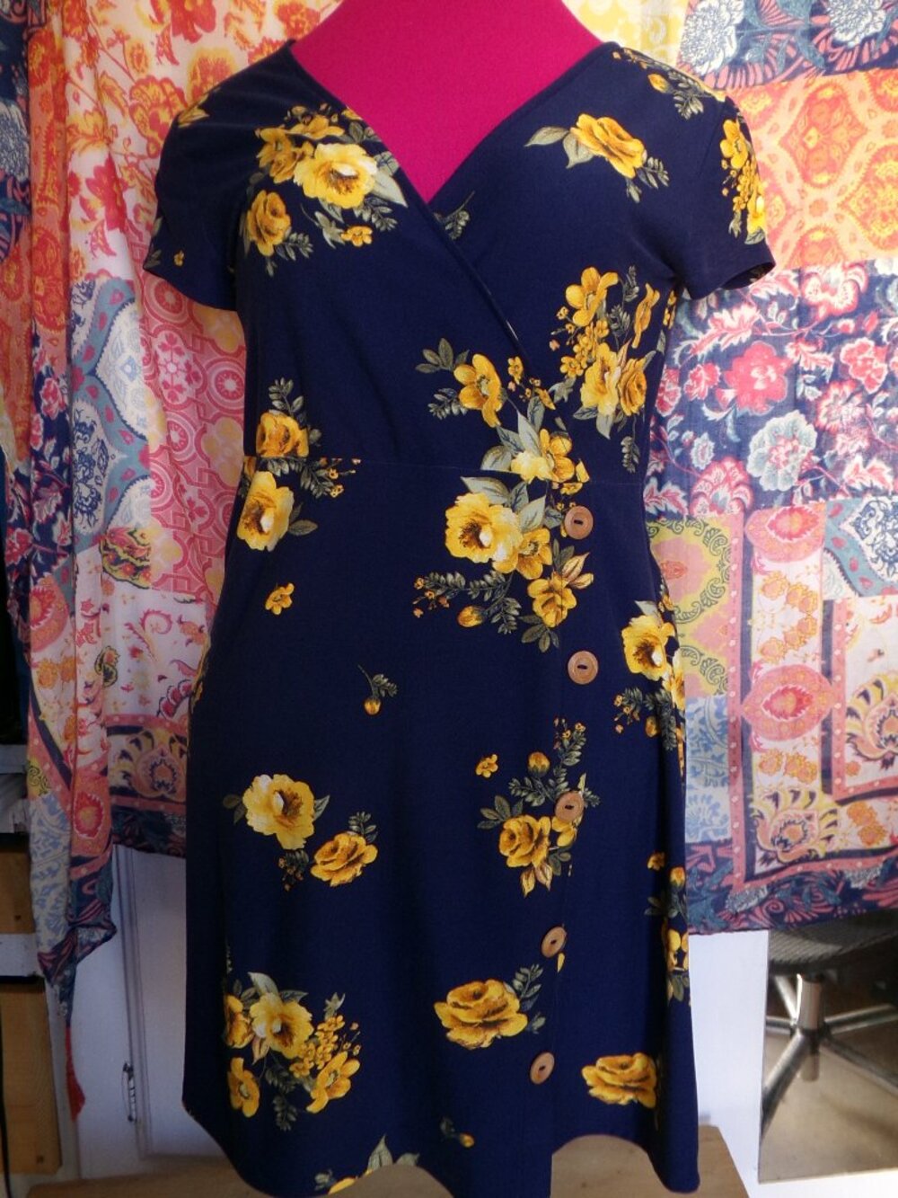 Arizona Blue with Yellow Flowers Faux Wrap Dress Sz M